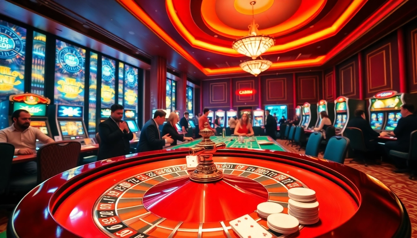 Exciting casino scene featuring players at a roulette wheel and poker table, linked to 98win link.