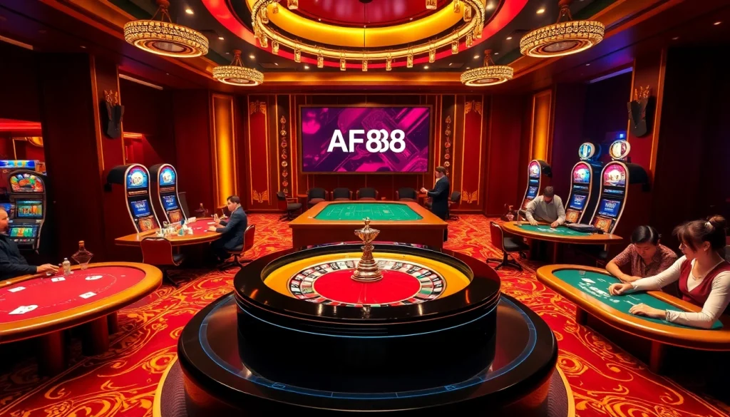 AF88 gaming enthusiasts enjoying a thrilling casino experience at luxury tables with vibrant slot machines.
