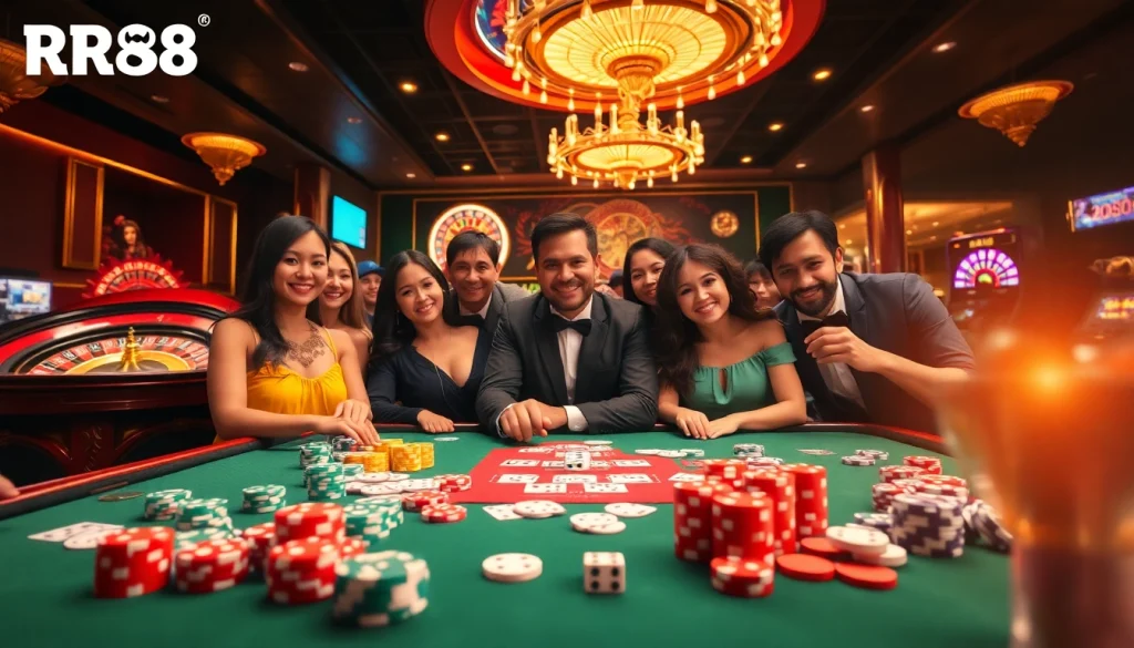Exciting scene of gamblers at an RR88 poker table with vibrant chips and cards.
