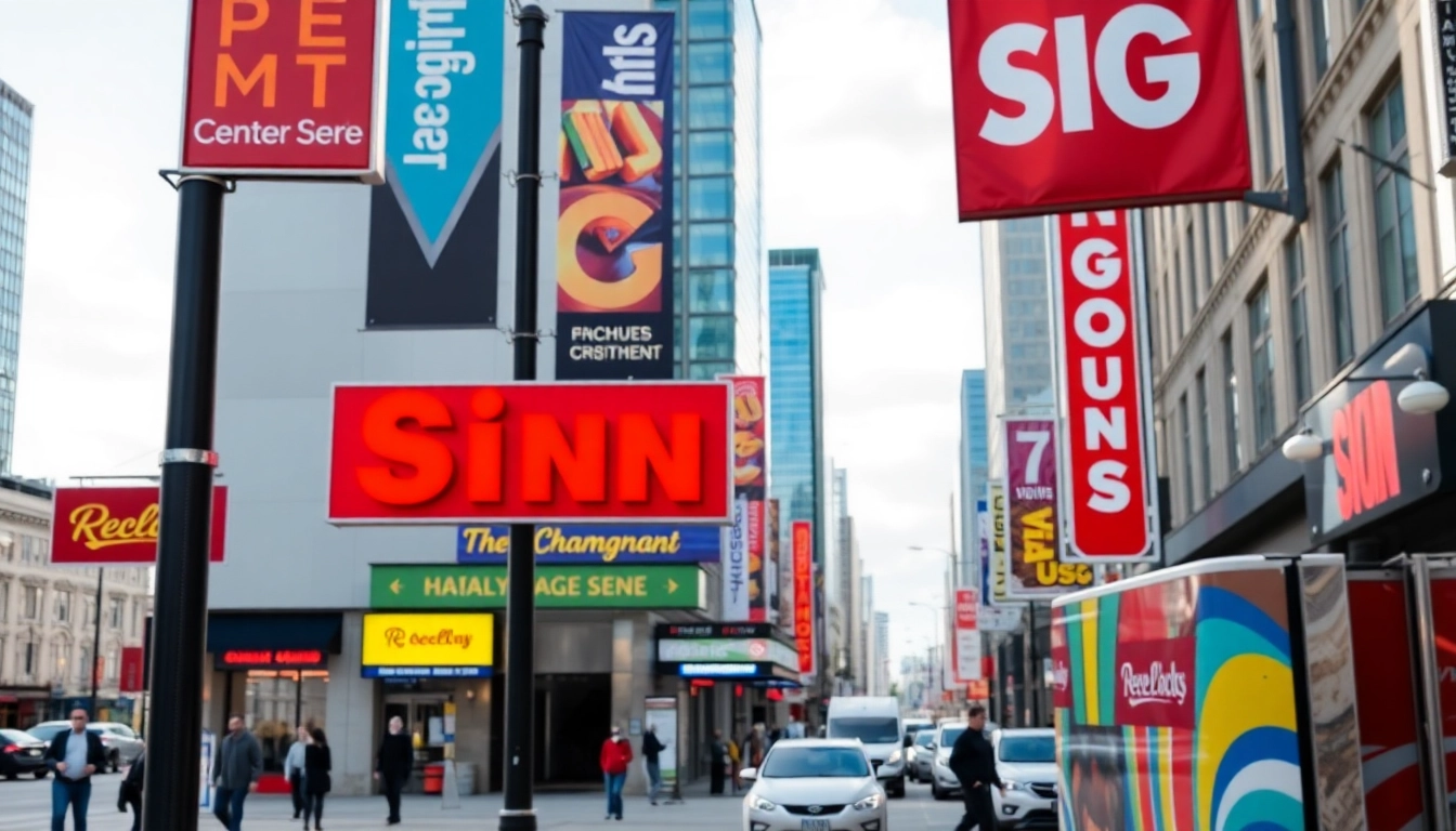 Showcasing vibrant signage from a calgary sign company on a busy street with pedestrians.