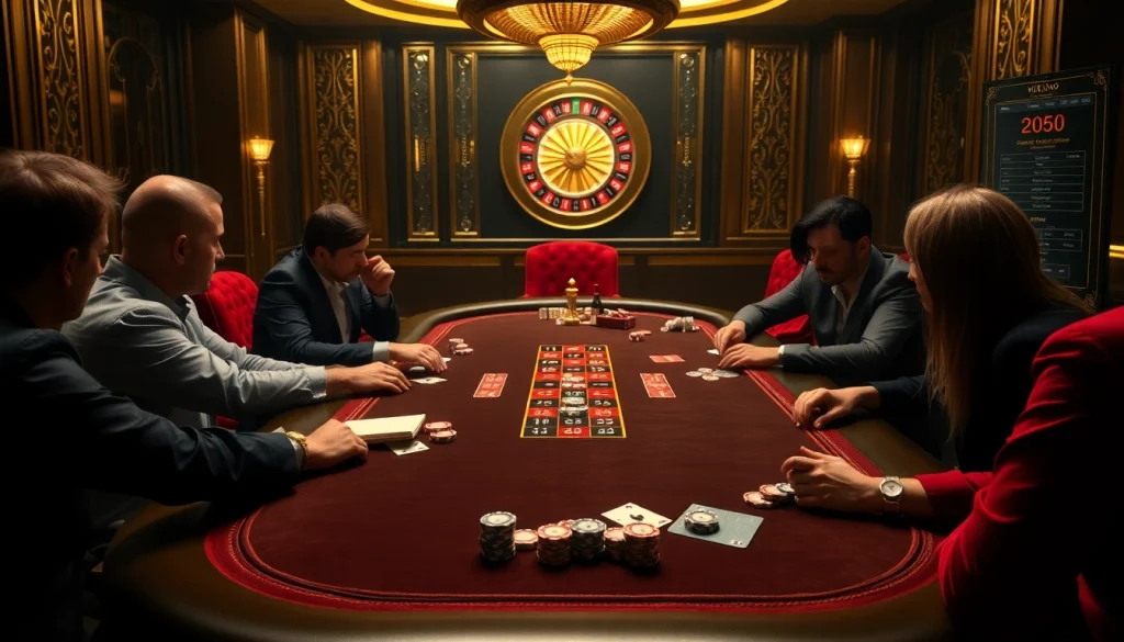 Crowd enjoying a thrilling game at the KK55 poker table, showcasing excitement and luxury.