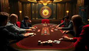 Crowd enjoying a thrilling game at the KK55 poker table, showcasing excitement and luxury.