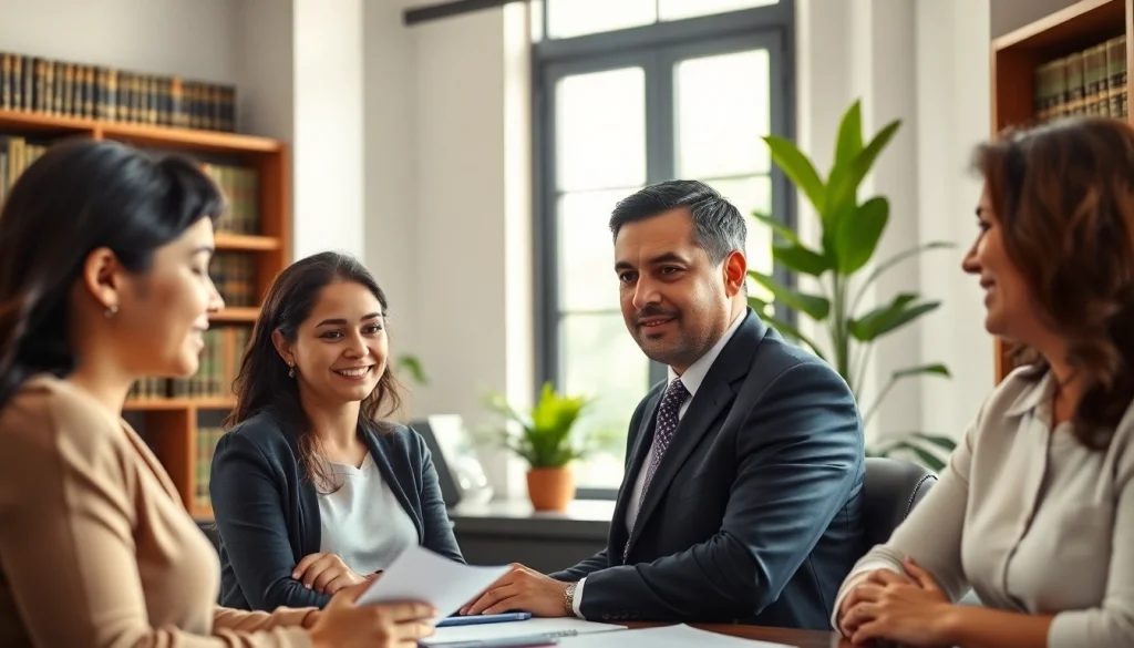 Virginia Immigration Lawyers providing legal guidance to a diverse family in a modern office setting.