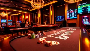 Players engaging with F168COM at a vibrant casino table, showcasing excitement and luxury.