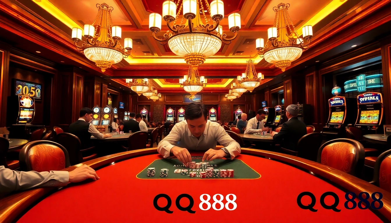 Engaging players at a high-stakes poker table in a luxury QQ88 casino setting.