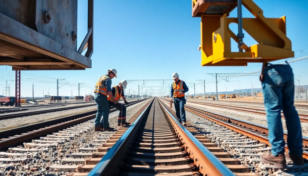 Technicians performing railroad maintenance repairs on tracks, highlighting safety and attention to detail.