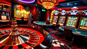 Exciting gambling scene at mm88.br.com featuring roulette wheel, poker chips, and virtual tables.
