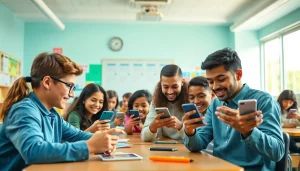 Students using a smartphone solution in school life for collaborative learning in a bright classroom.