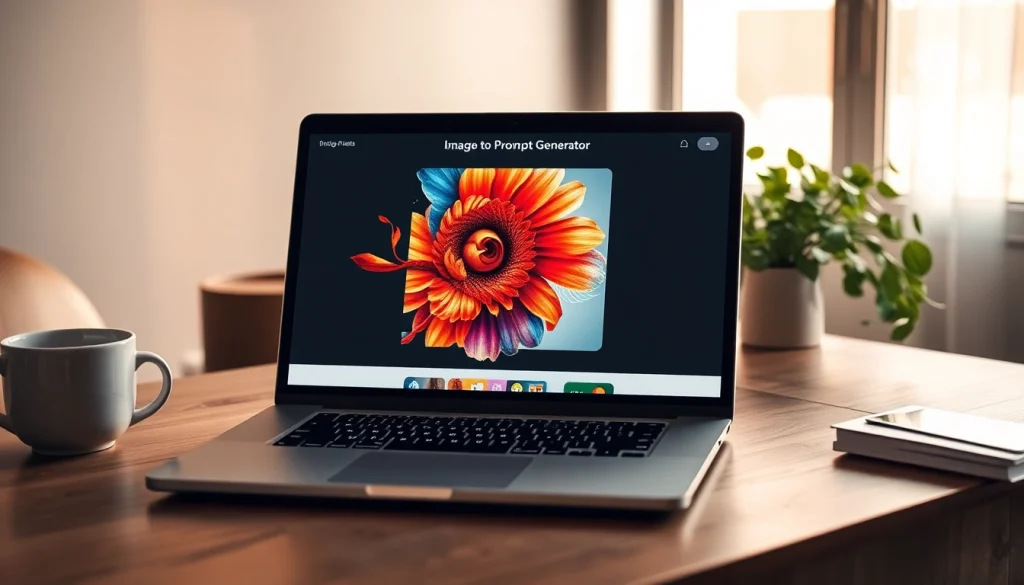 Image to prompt generator interface displayed on a sleek laptop in a modern workspace.