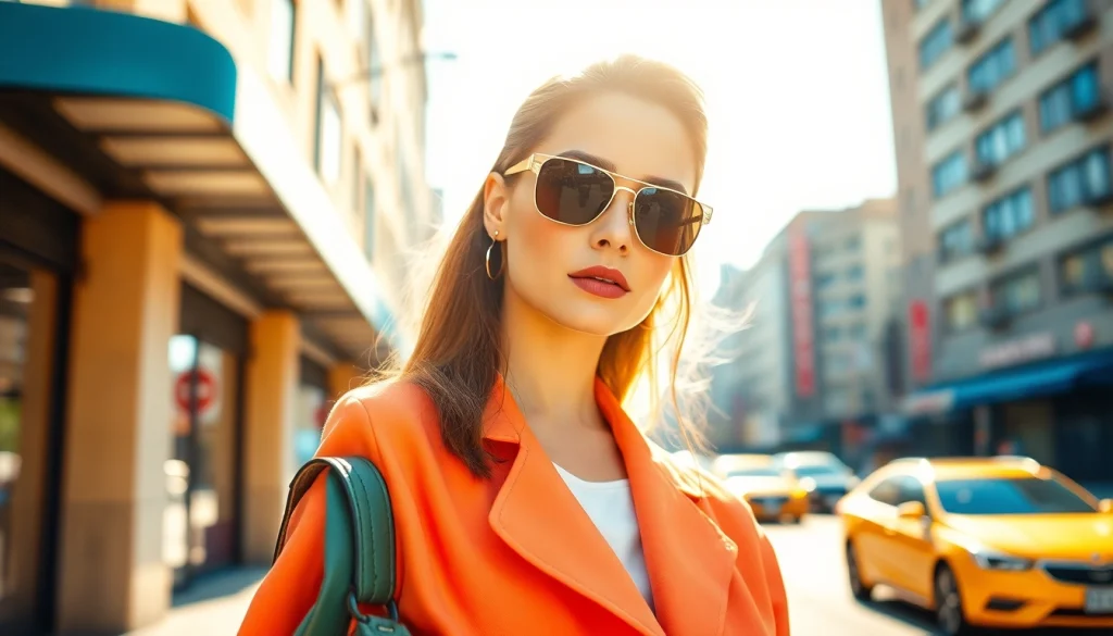 Captivating model showcasing fashion trends in Beauty and Style amidst a vibrant urban backdrop.