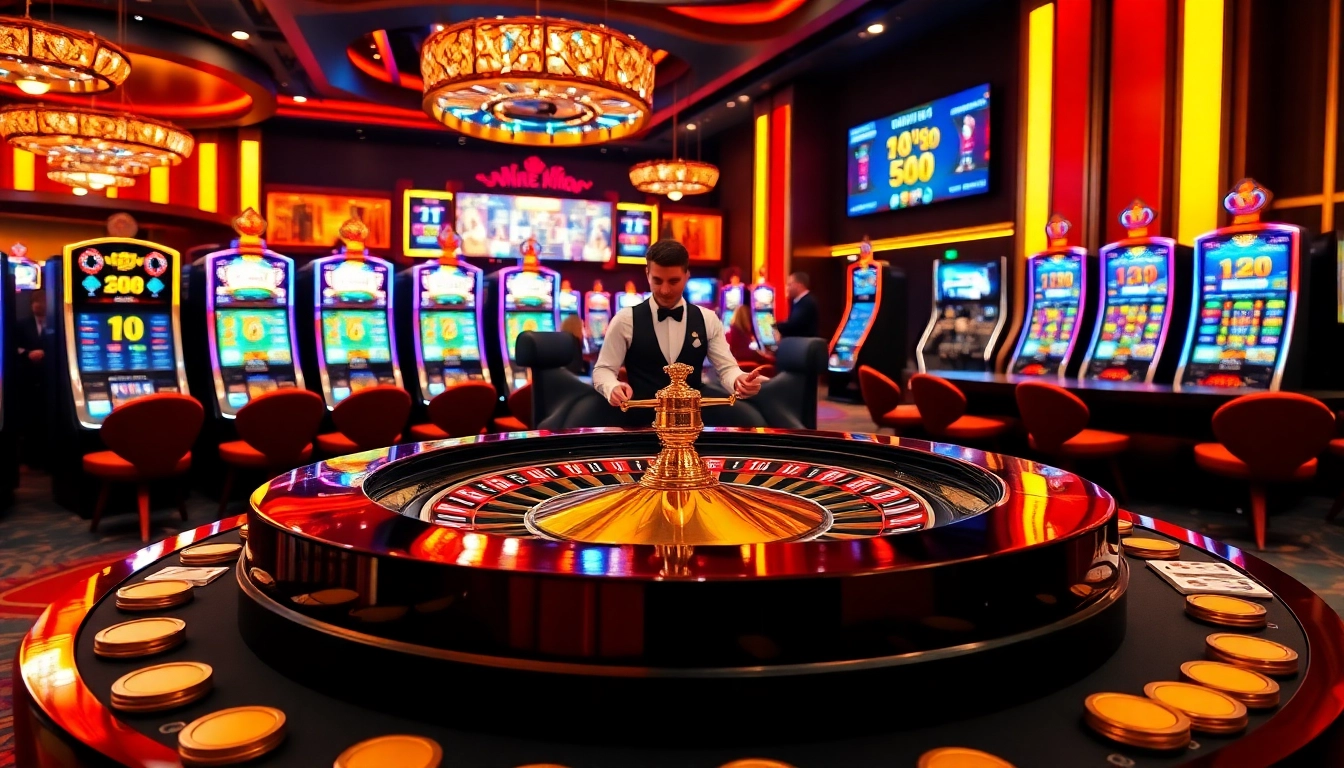 Exciting casino scene showcasing EE88 gaming experience with roulette and slot machines.