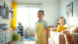 家事代行の水谷さんの家政婦・水谷さんが、居心地の良いリビングルームを楽しそうに整理整頓している様子。