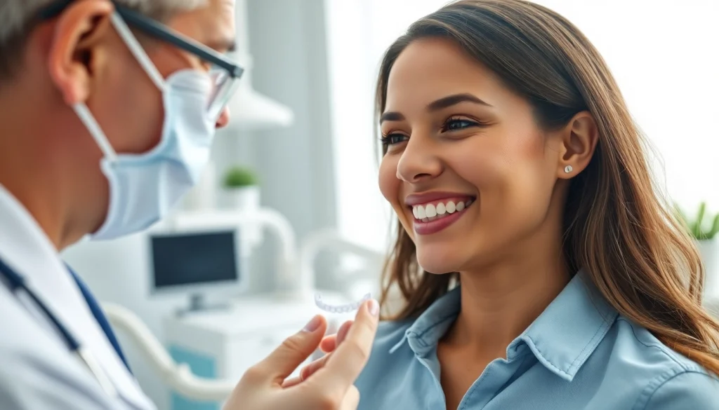 Show a professional discussing clear aligners for adults Hawthorn with a patient in a bright dental office.