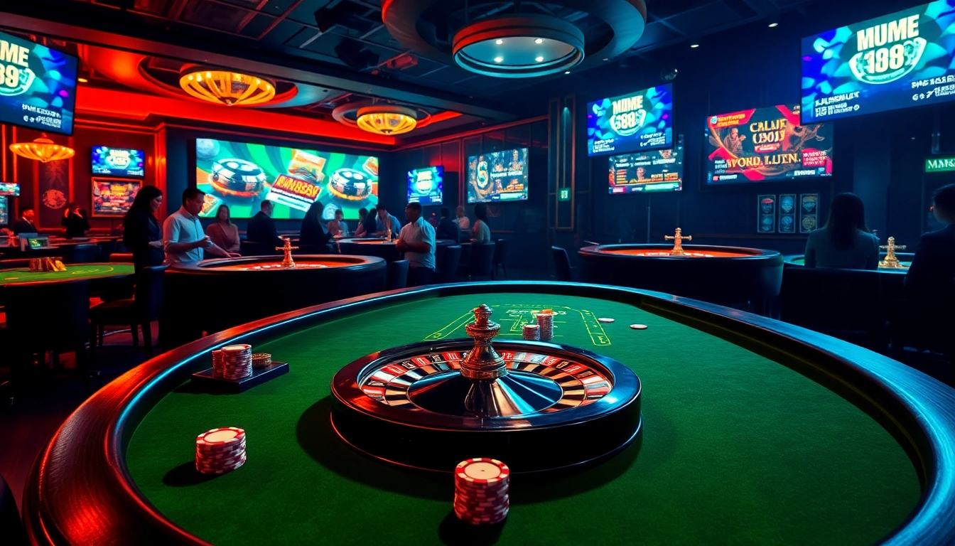 Experience the thrill of gambling at MM888 with vibrant casino tables and lively roulette in a luxurious setting.
