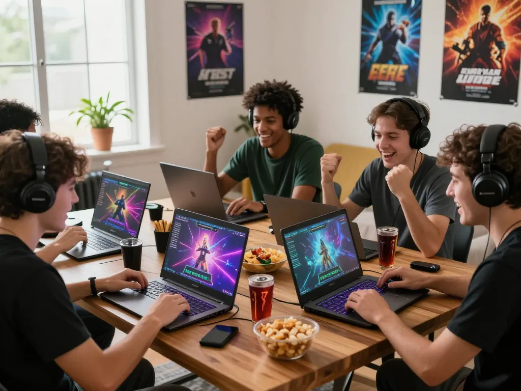 Engaging gaming session with players immersed in vegasslot77 online games, surrounded by neon graphics and snacks.