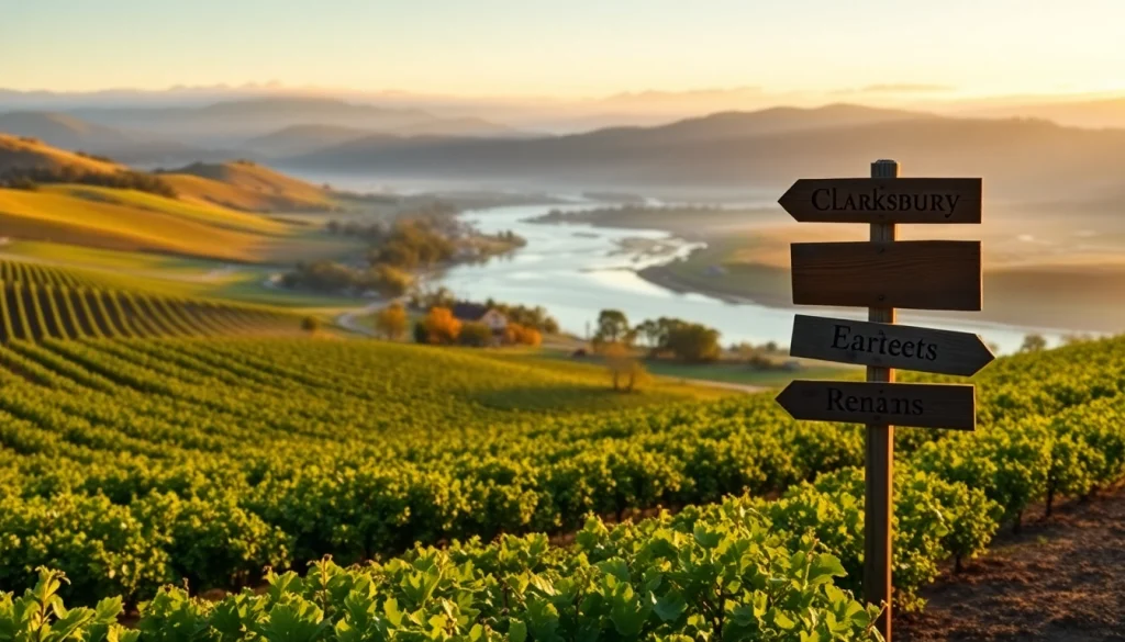 Captivating landscape of Clarksburg CA showcasing vineyards and a serene river.