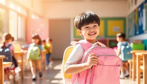 晴れた学校日、軽量のSeibanバックパックを背負う元気な子どもの姿を紹介するSeibanランドセル口コミ