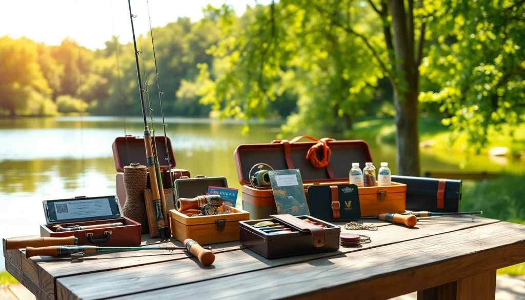 Explore unique fishing gifts showcased by a peaceful lakeside setting.