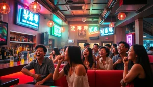 즐거운 손님들이 시간을 즐기는 노래방에서의 생동감 넘치는 제주도유흥 밤문화 장면.