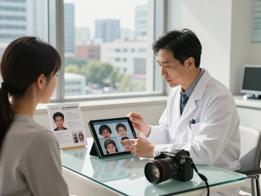 自毛植毛おすすめ口コミ＆評判情報【ショクコミ】 - 現代的なクリニックで医師と相談する患者が、デジタルプレゼンテーションビジュアルを使ってヘアリストレーションの選択肢を話し合っています。