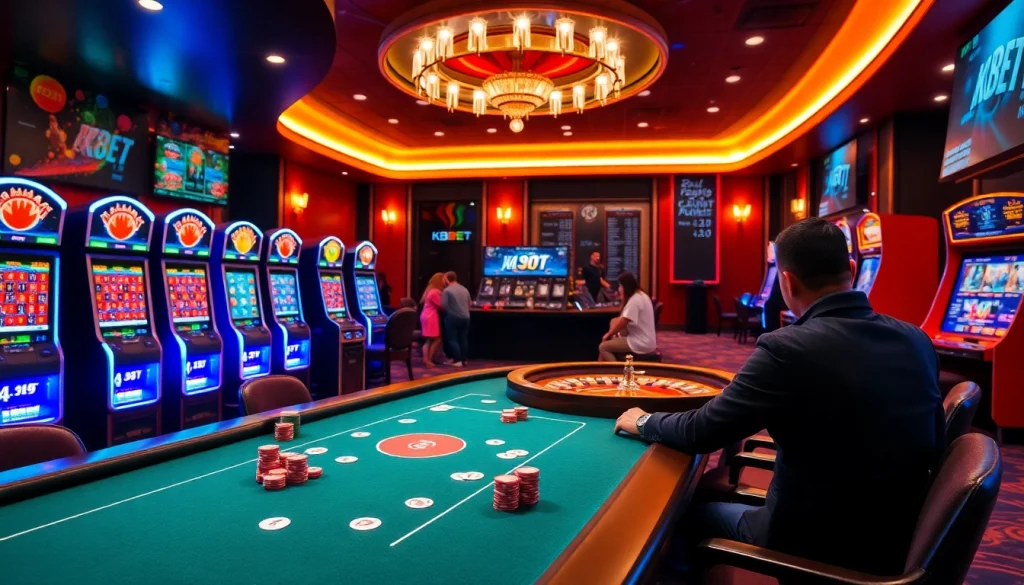 Experience the excitement of đăng ký KBBET at a vibrant casino with poker tables and roulette wheels.
