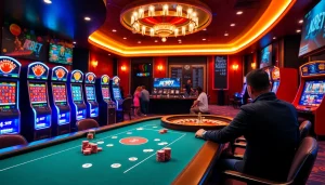Experience the excitement of đăng ký KBBET at a vibrant casino with poker tables and roulette wheels.