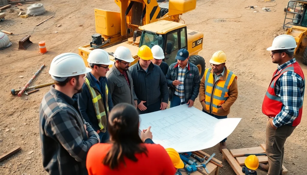 Construction professionals collaborating at a job site representing the tennessee construction association with plans and tools.