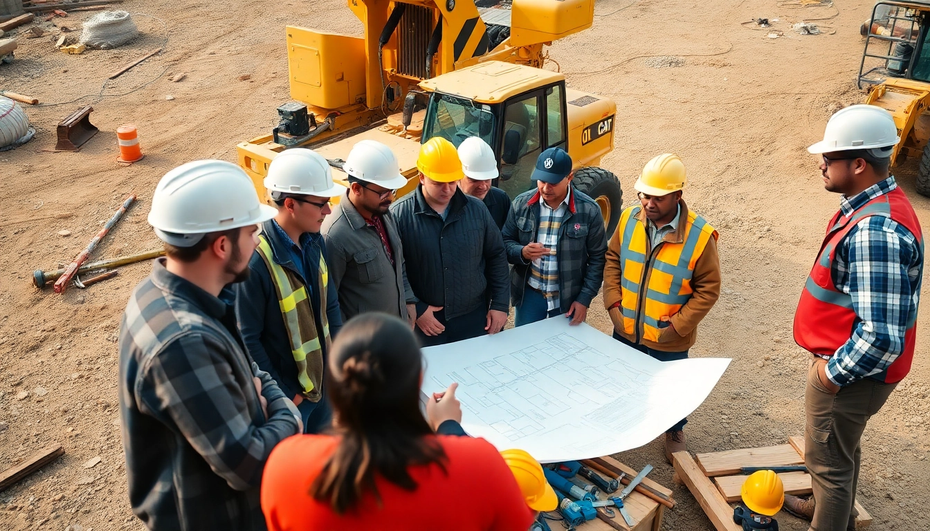 Construction professionals collaborating at a job site representing the tennessee construction association with plans and tools.