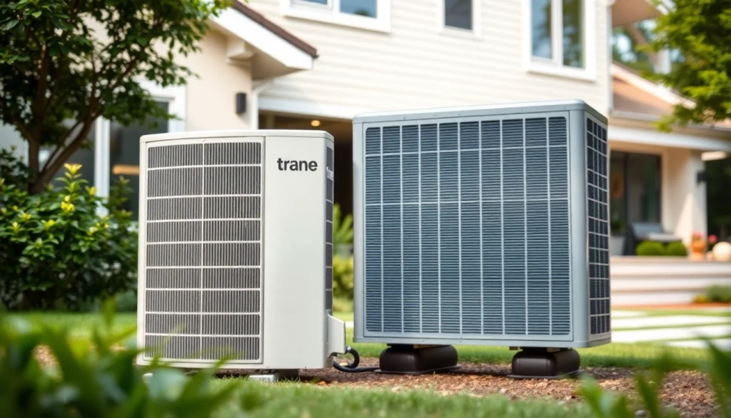 Showcasing a trane heat pump installation in a modern residential setting with eco-friendly landscaping.