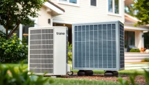 Showcasing a trane heat pump installation in a modern residential setting with eco-friendly landscaping.