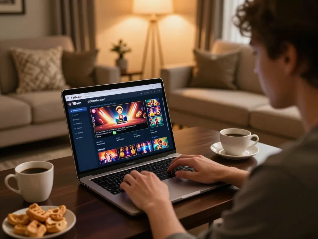 A player engaging with 789win com's gambling platform on a laptop in a cozy home setting, highlighting online gaming experience