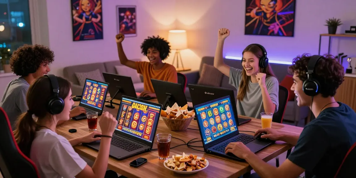 Players enjoying slot gacor games in a lively home setting, celebrating wins together.