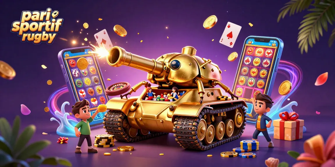 Pari sportif rugby intense avec des éléments de paris et un tank doré, offrant des cotes et jeux captivants.