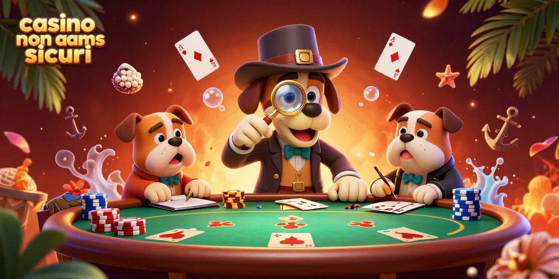 Esamina i casinò non AAMS sicuri con il detective e il suo cane, con elementi di gioco attorno.