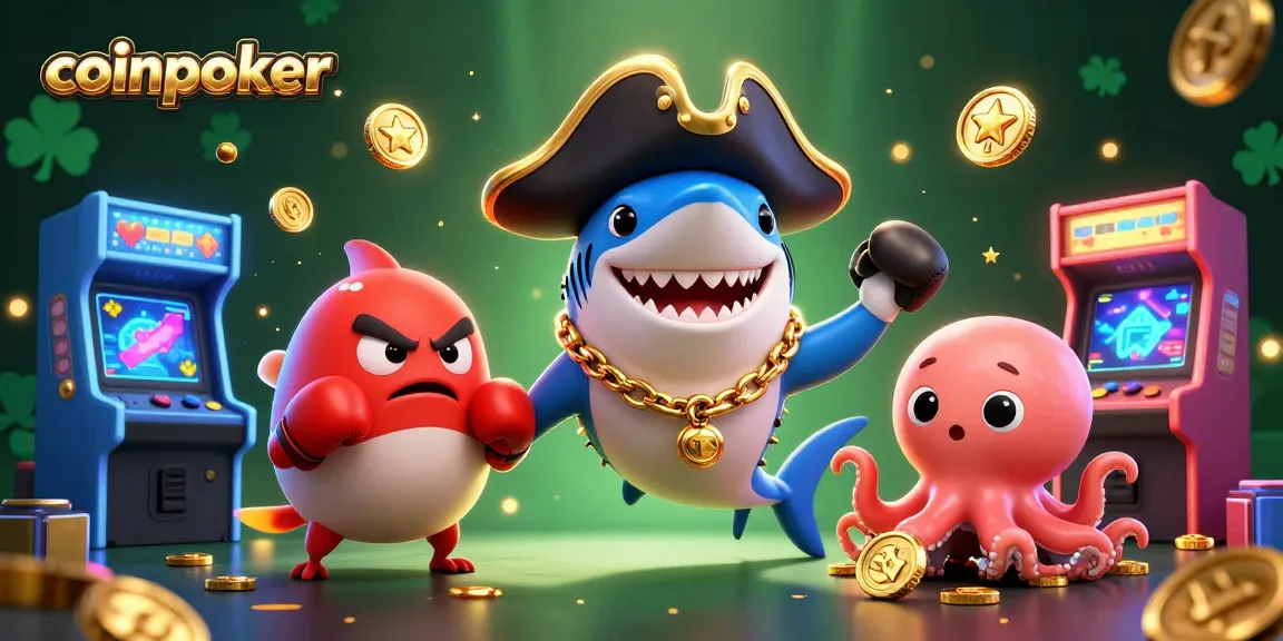 Essayez CoinPoker avec un requin pirate et un poisson-globe pour gagner des jetons dans un décor ludique.