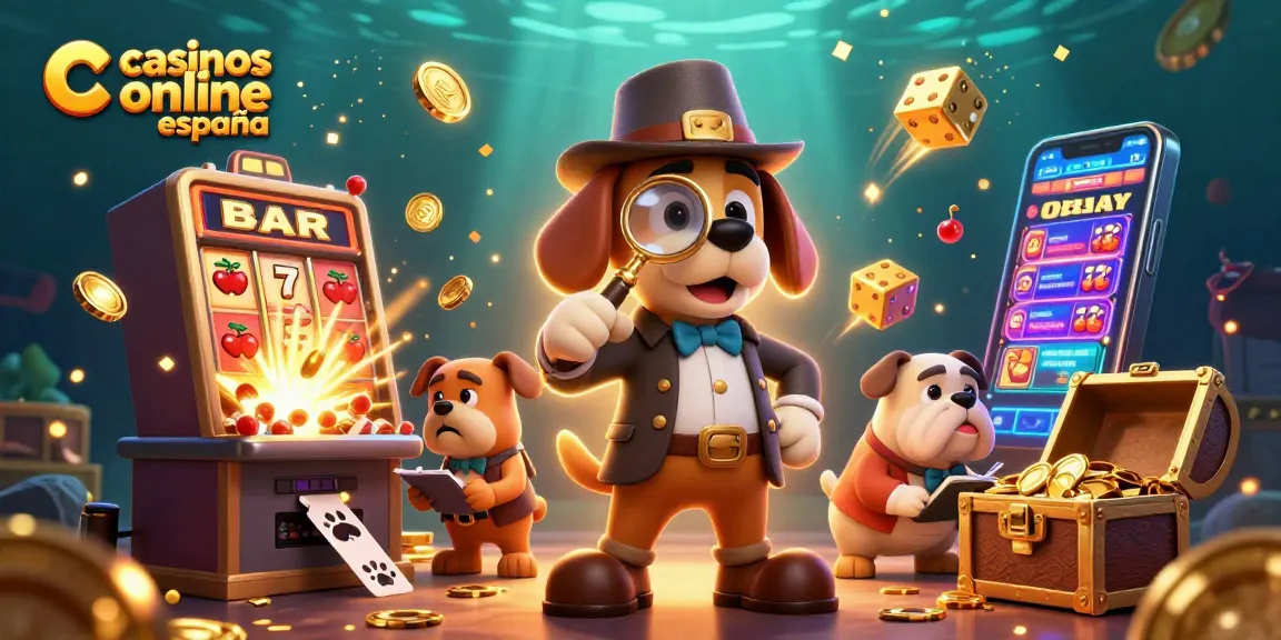 Jugando en casinos online España con un detective y un bulldog, rodeados de tragamonedas y premios.