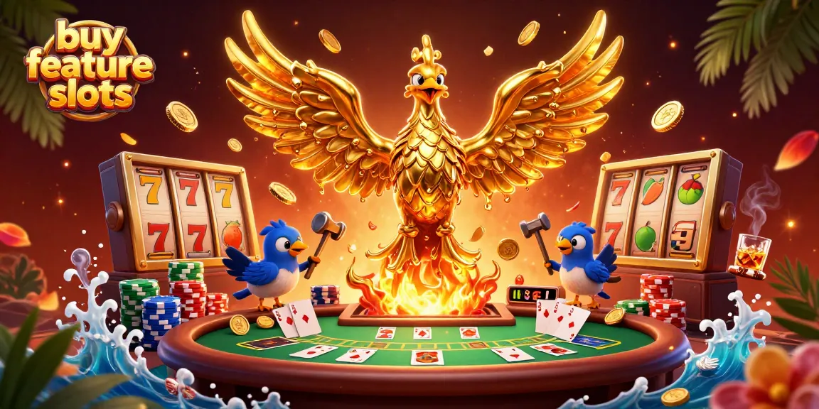 Experience the thrill of buy feature slots with golden phoenix amidst casino elements.
