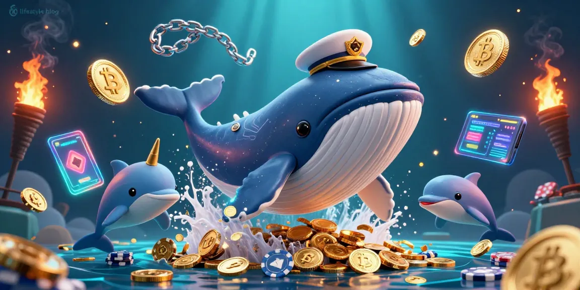 This vibrant illustration captures a lifestyle blog's casino adventure with playful dolphins and a majestic whale.
