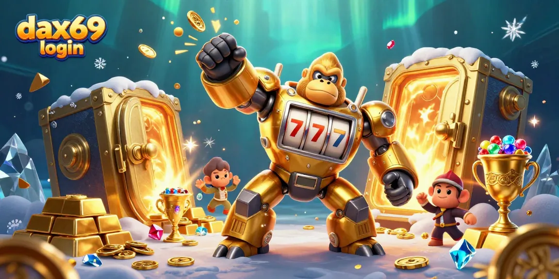 Menangkan jackpot di dax69 login dengan gorilla mech emas dan harta karun berkilau.